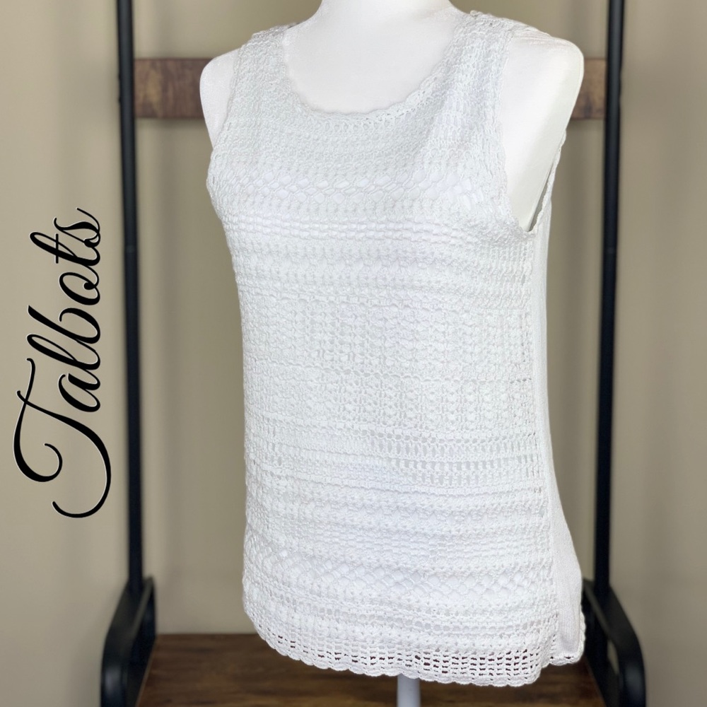 TALBOTS KNIT CROCHET OVERLAY SLEEVELESS WHITE TOP